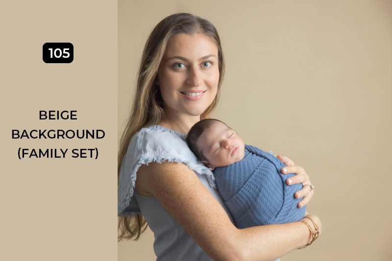 Warm family portraits captured against a neutral beige background showing loving connections.