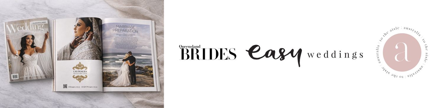 Brides Easy Weddings magazine open to bridal editorial spread with logo and pink circular badge.