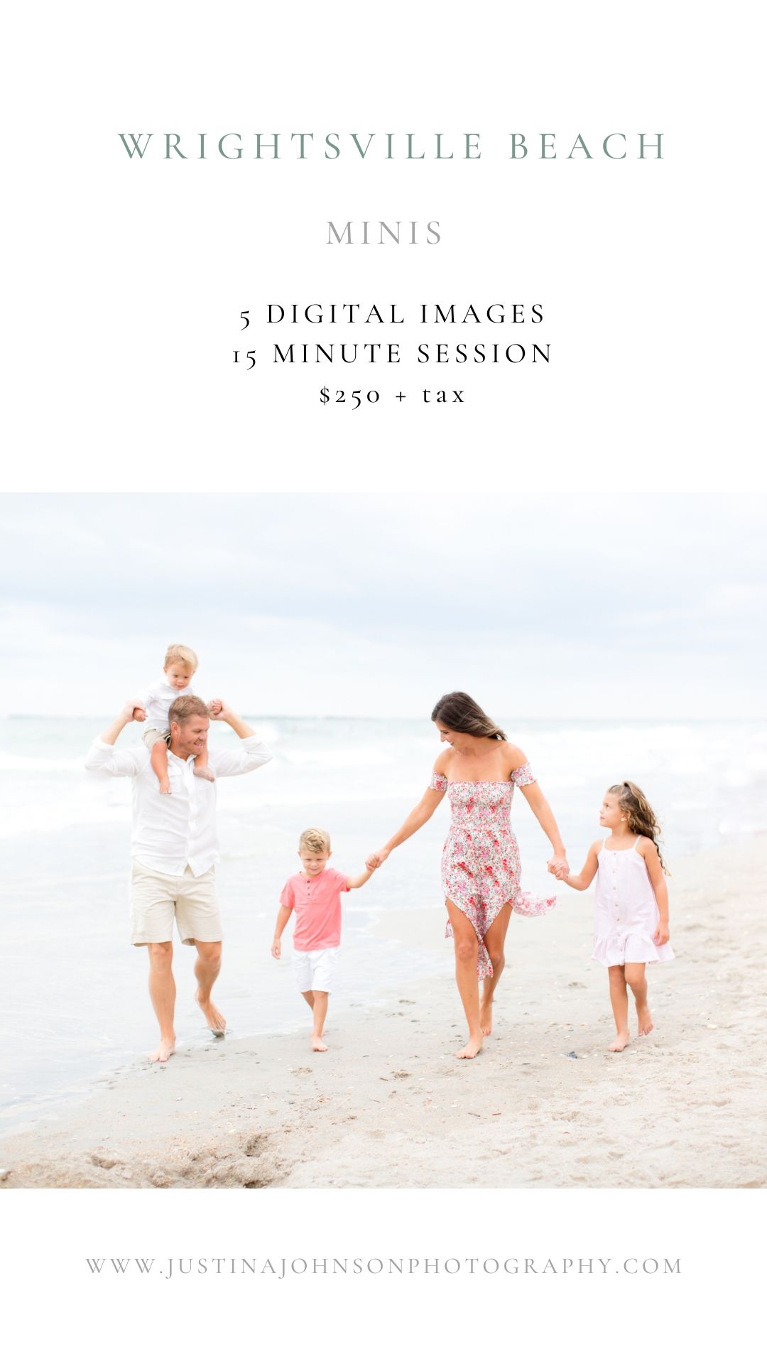 A family walks together on Wrightsville Beach holding hands and wearing white and pink summer outfits.