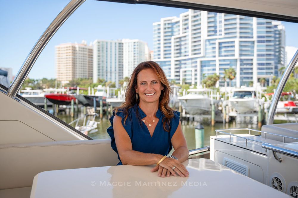 Professional portrait of Peggy Crotty at Marina Jack's in Sarasota, Florida for Sarasota Scene Magazine