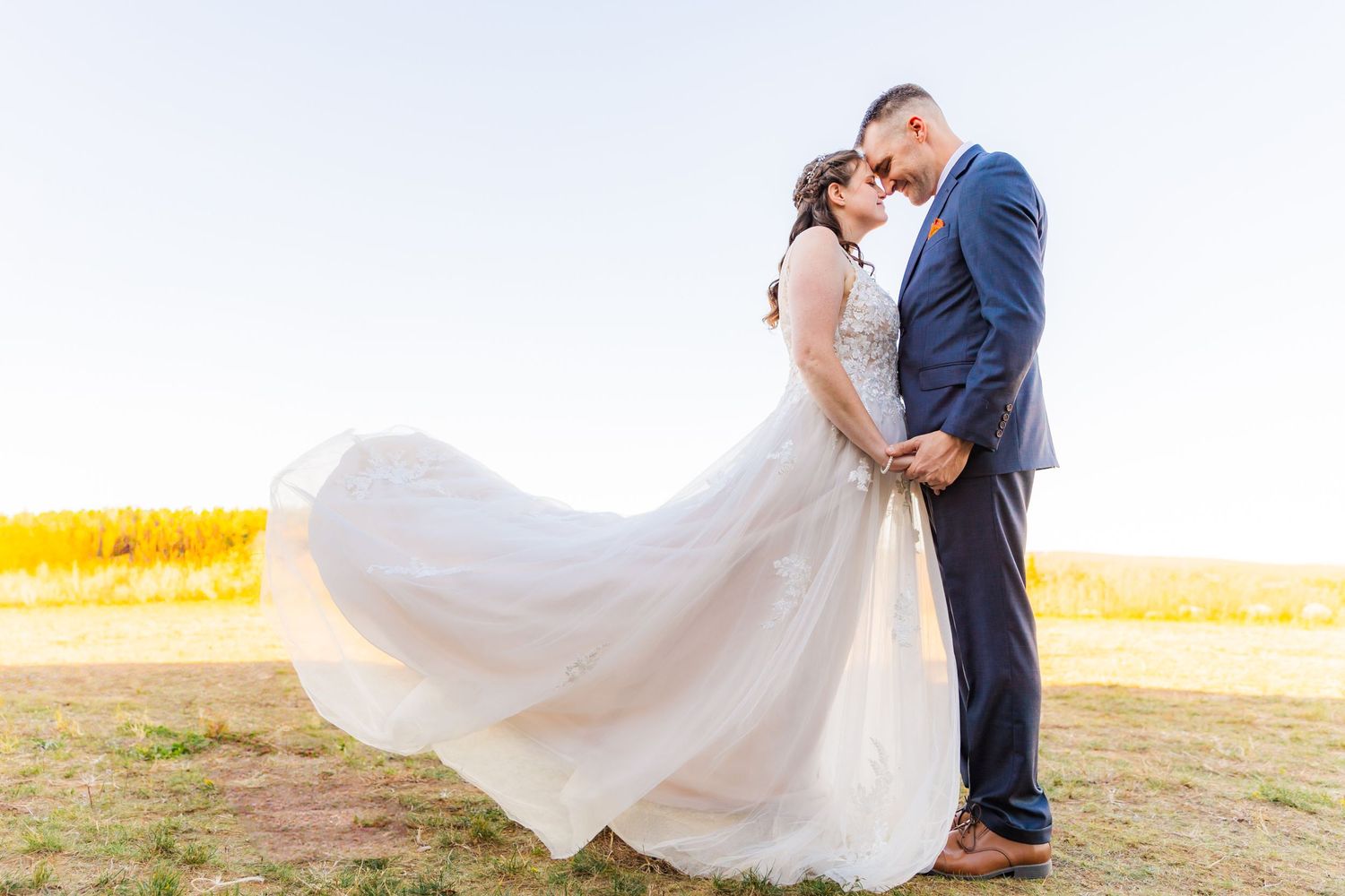 Wedding couple poses in field as bride's dress flows dramatically in the breeze.