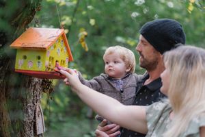 Family checking out a decorative birdhouse mounted on a tree trunk in the woods. Fairy door walk