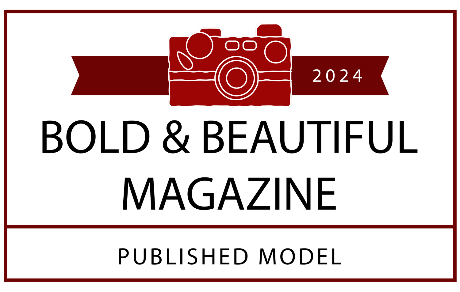 Published magazine model. Red and black photography logo design with camera icon and 2024 text.