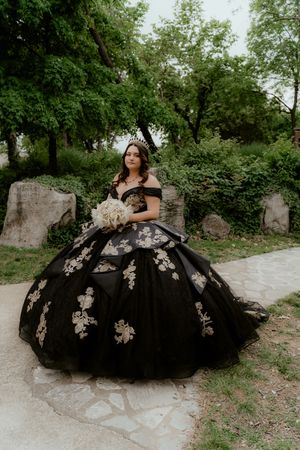 A black ball gown with silver floral appliques photographed in an outdoor garden setting against stone walls.