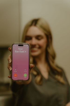 A series of phone call screenshots showing an incoming call notification on a pink background.