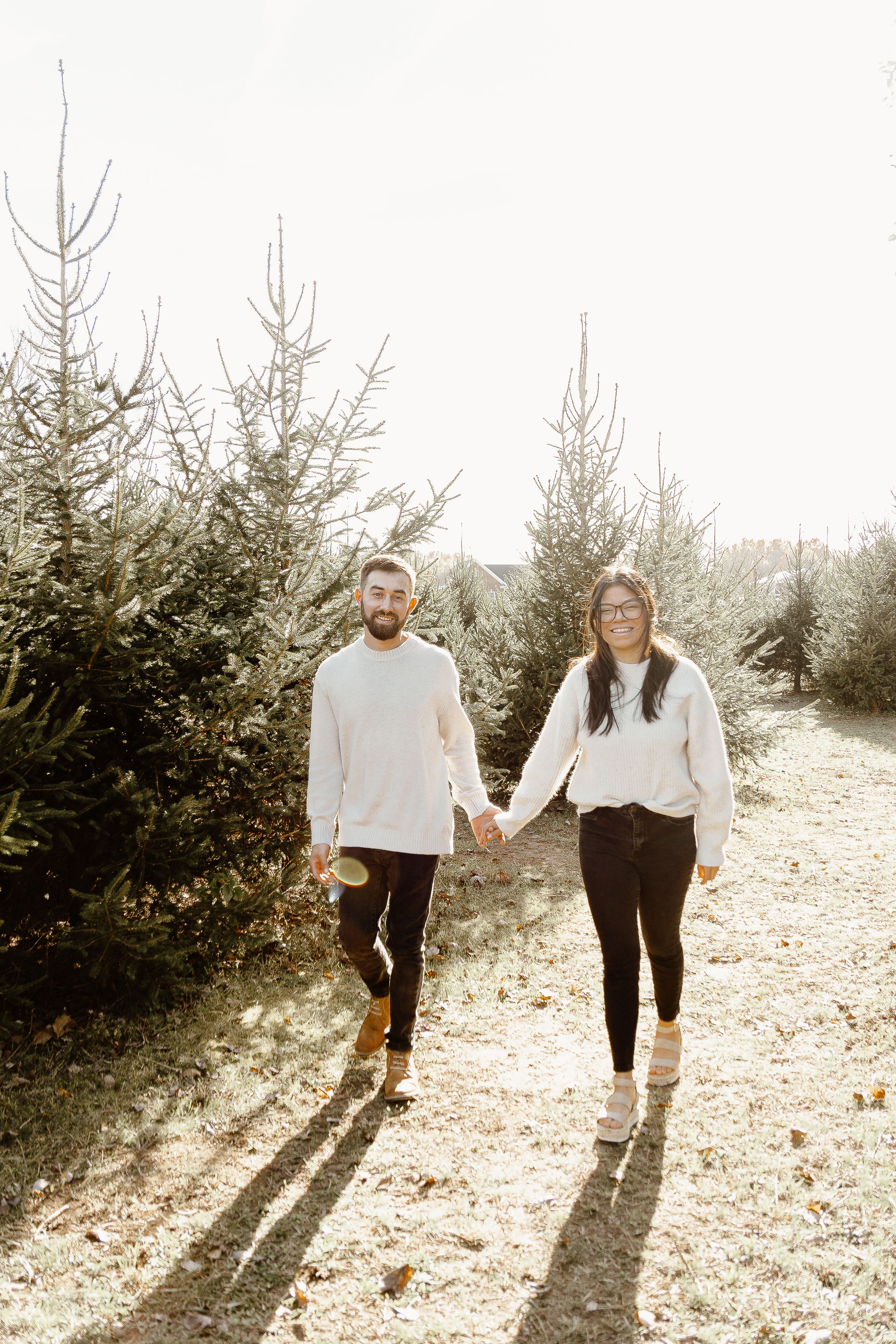 Couple holding hands walking through Christmas tree farm on sunny day.