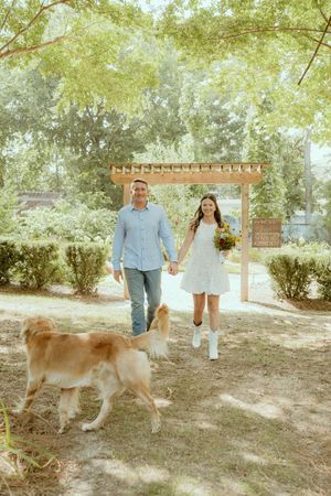 A couple walks their golden retriever dog through a sunlit park with trees in the background.