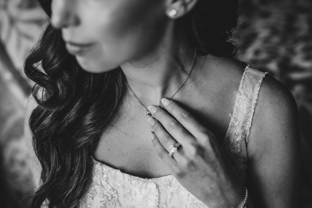 Artistic close-up shots highlighting bridal jewelry and dress details.