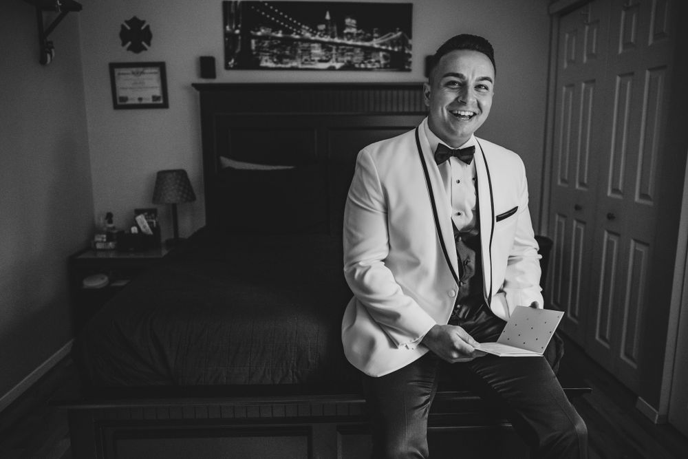 Black and white photos showing various angles of formal attire preparation in an indoor setting.