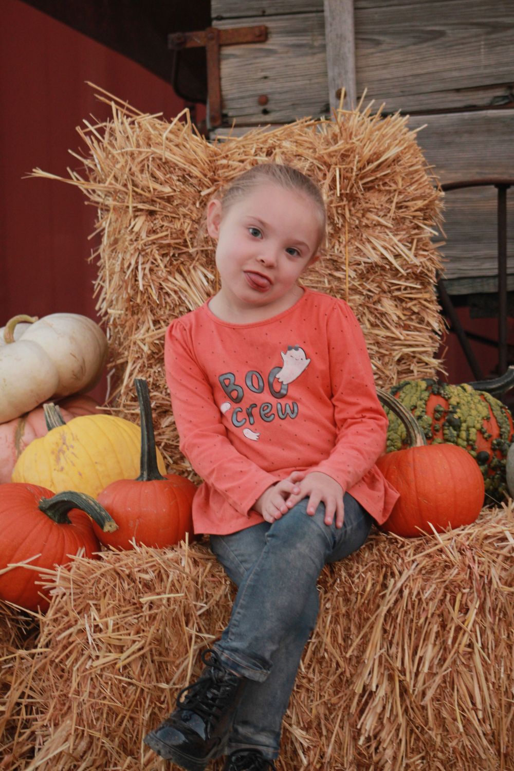 Casual portrait on hay bale surrounded by autumn pumpkins and gourds.