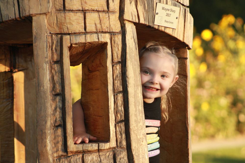 Playful peek through a rustic wooden playhouse window with autumn colors in background.