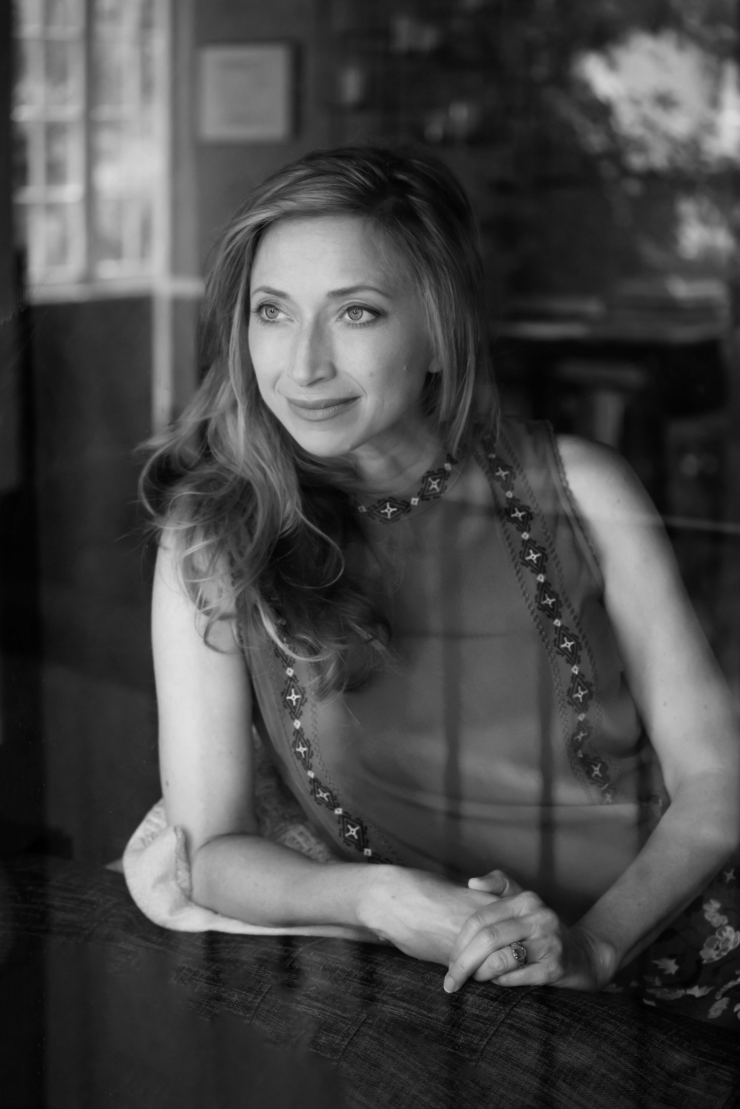 Elegant black and white portrait showing sparkly evening attire.