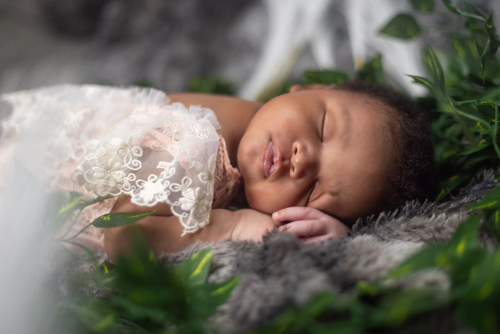 Peaceful newborn sleeps on soft blanket surrounded by greenery and lace.