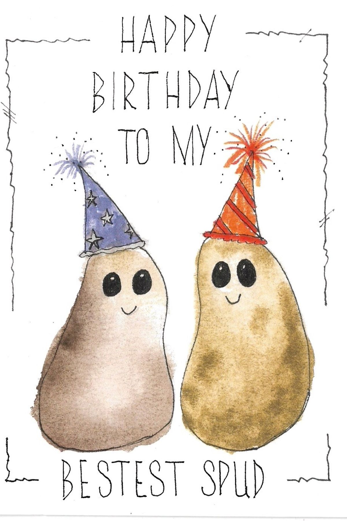 Two cute cartoon potatoes wearing party hats smile at each other with text saying Happy Birthday to my bestest spud.
