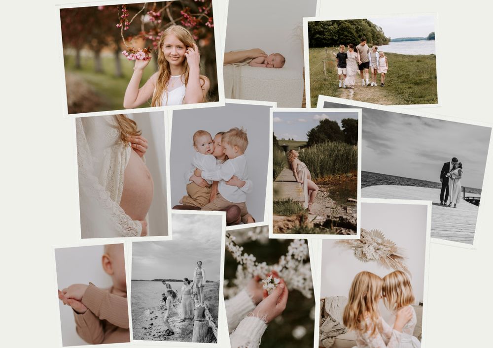 Collage af livsstilsfotografi i naturligt lys med familiemomenter og graviditetsbilleder. Fotograf Middelfart