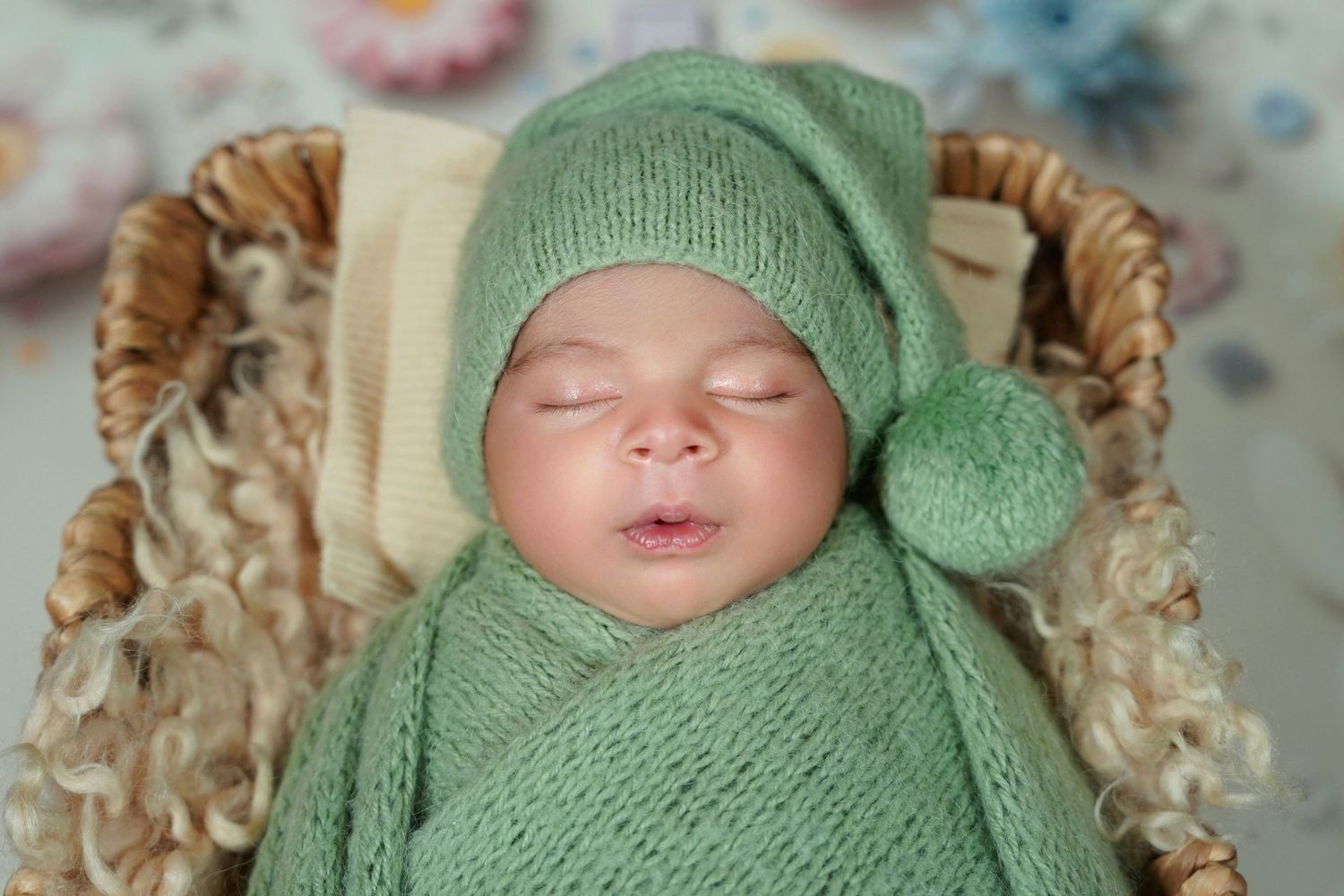 Bay Area newborn photography with baby swaddled in soft green wrap in cozy basket setup.