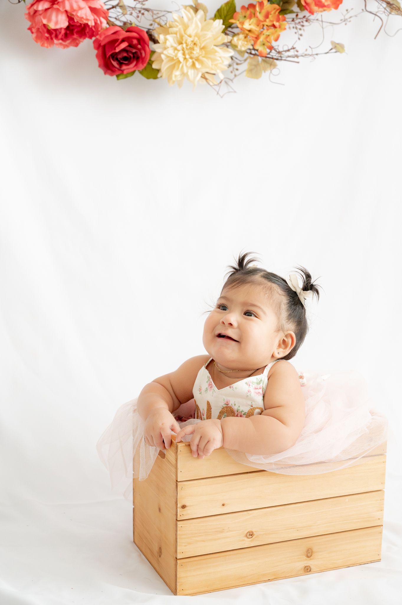 Baby in pink tutu dress sits in wooden box with floral decorations above against white backdrop.