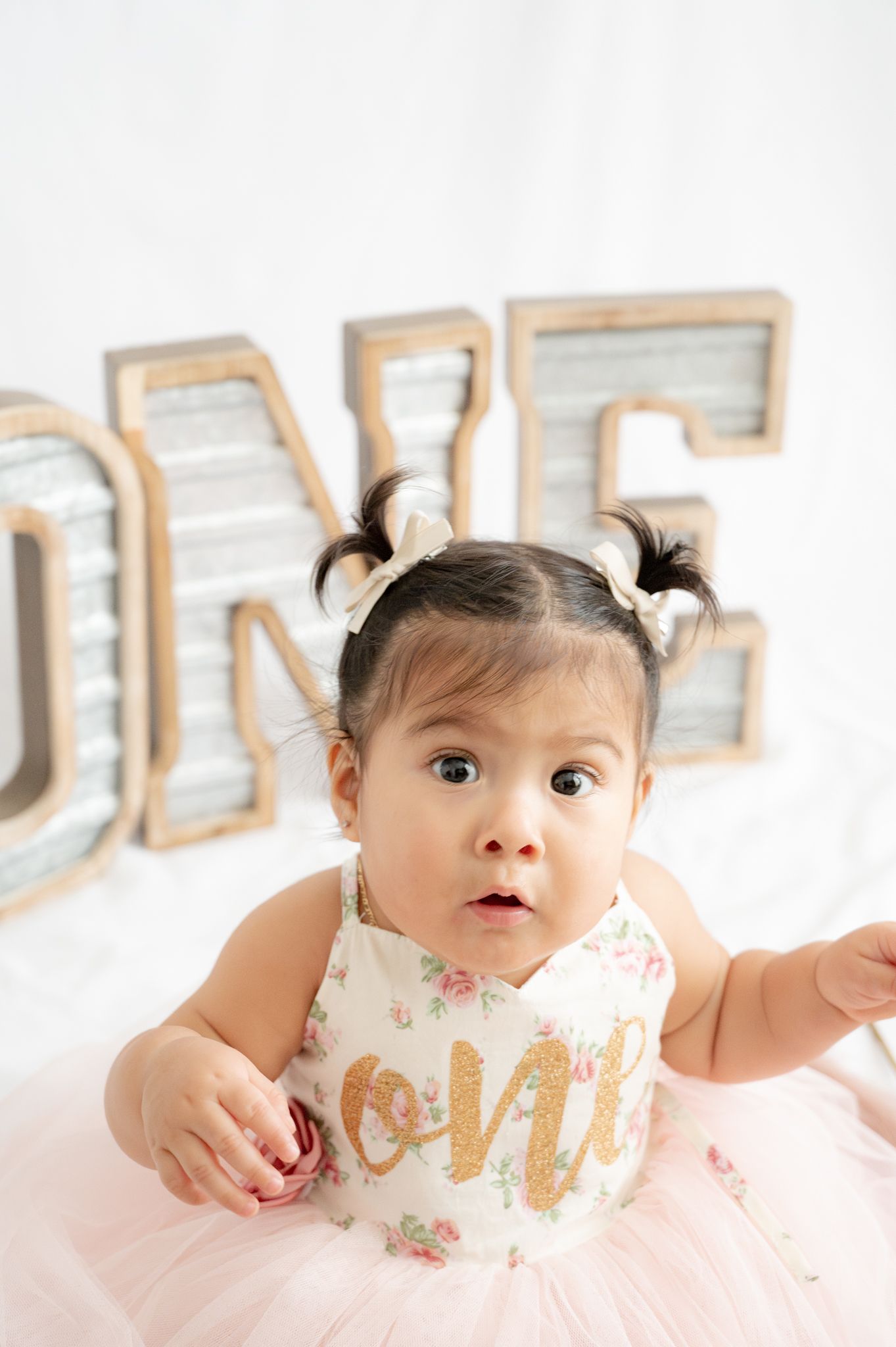 Baby in floral dress poses with vintage-style wooden 'ONE' letters in studio setting.