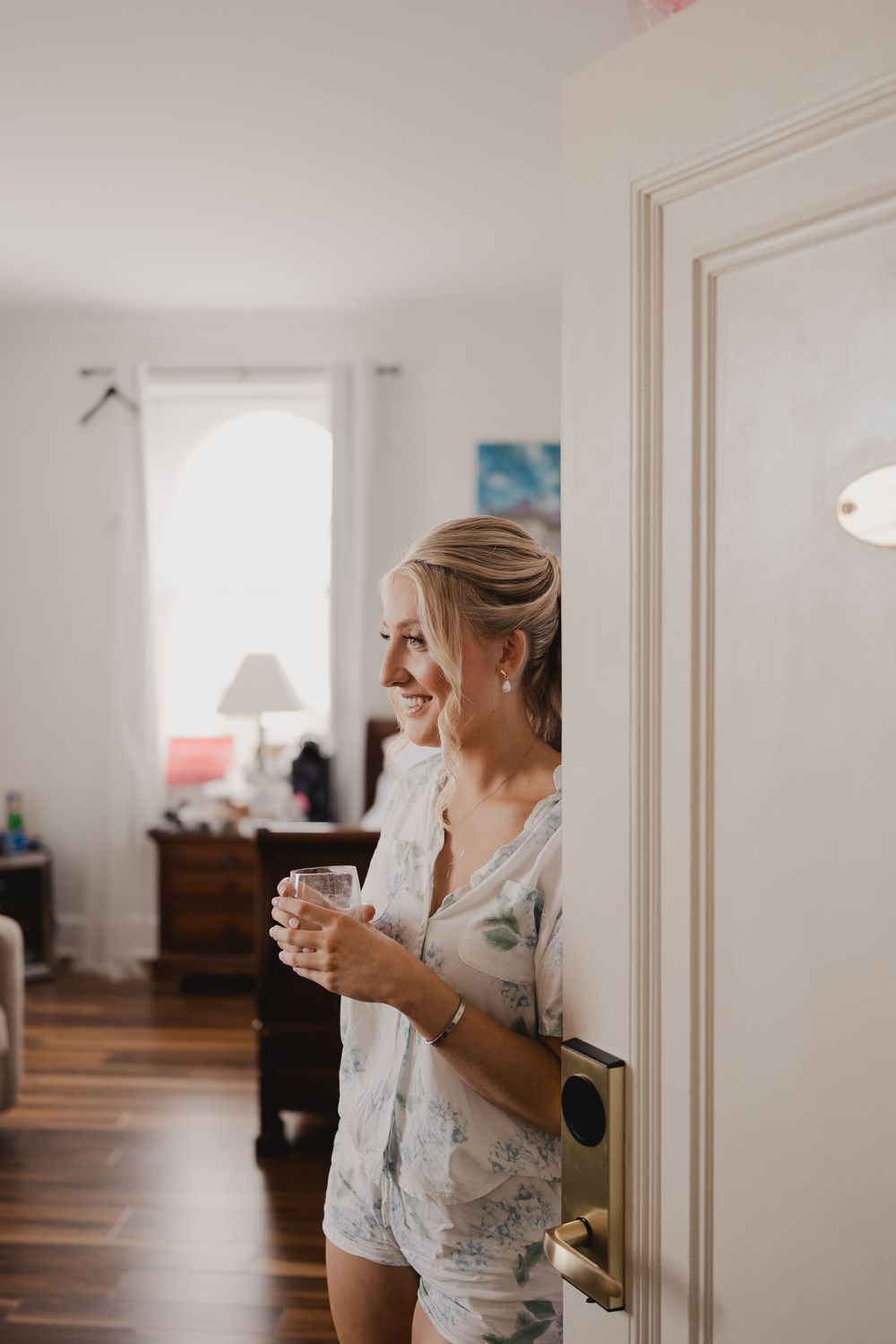 Bridal preparation captured in sequence showing beautiful morning light through windows.