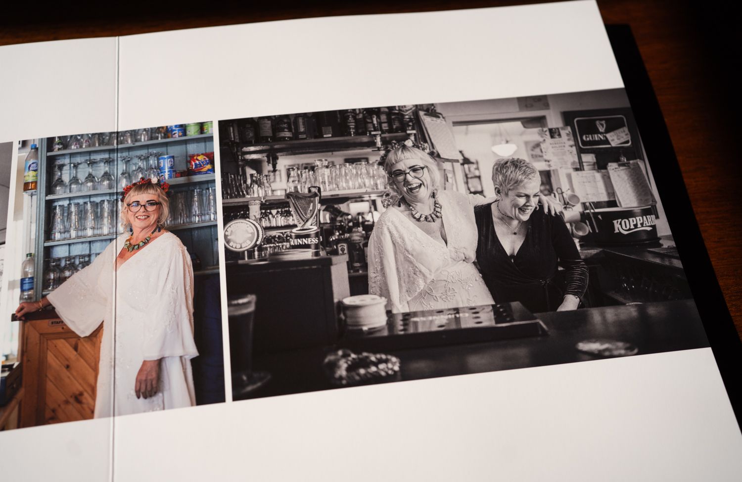 Black and white photographs of a diner counter and staff along with a color photo displayed side by side.