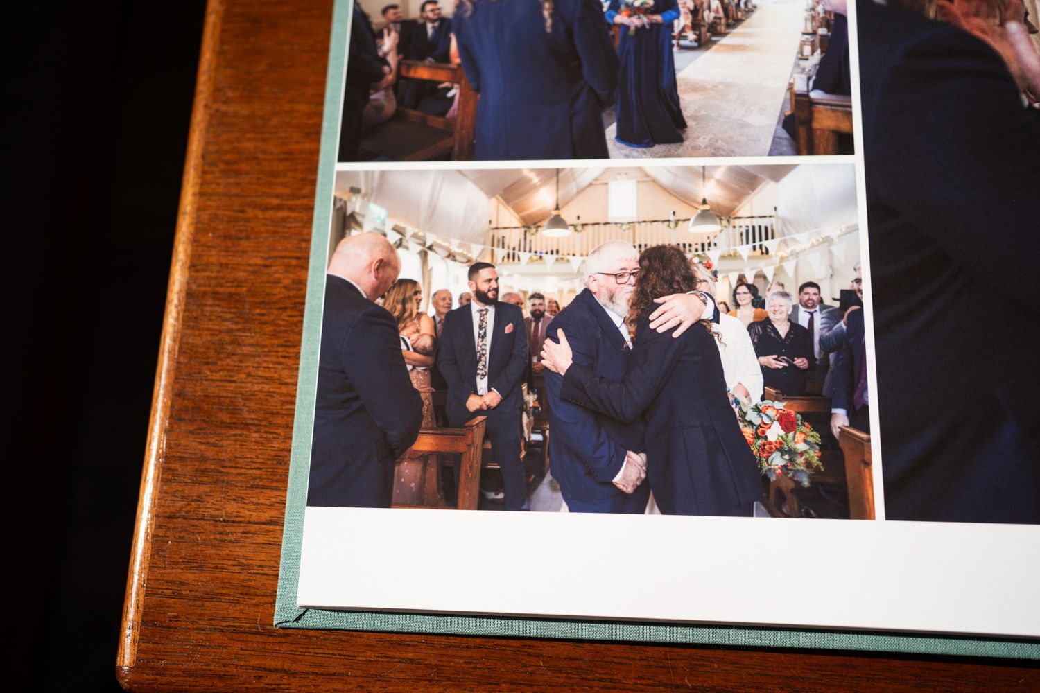 Wedding celebration photos displayed in an album showing guests dancing and mingling at a reception.