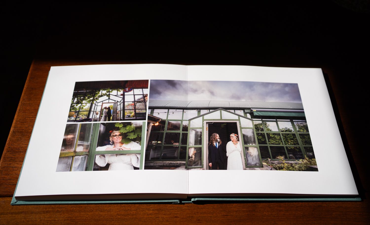 Wedding album layout showing photographs of a greenhouse venue with elegant interior shots spread across white pages.