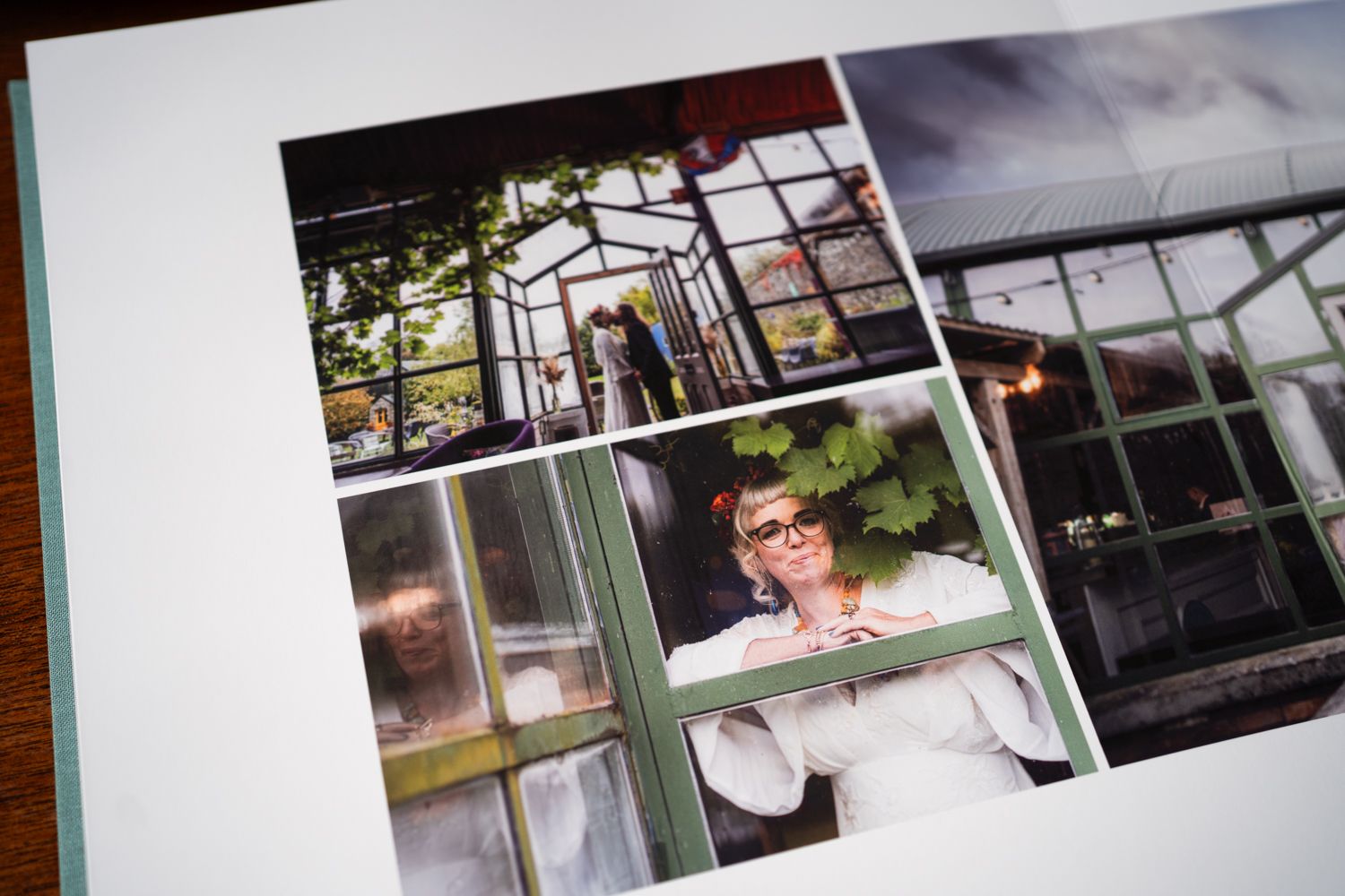 Photo album spread featuring architectural window details and indoor shots.