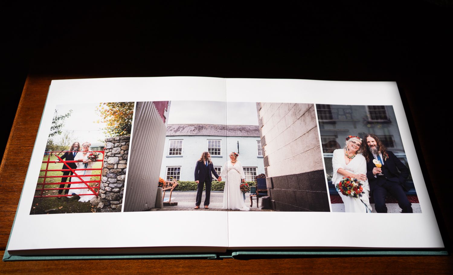 Wedding album layout featuring architectural shots and outdoor moments at a white building.
