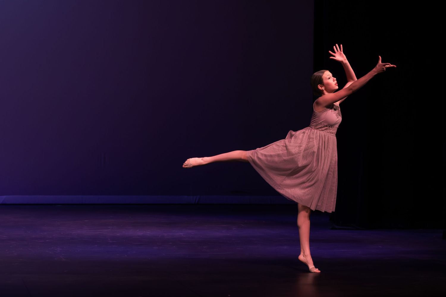 A ballet dancer in a flowing pink dress performs an elegant pose on a stage with purple lighting.