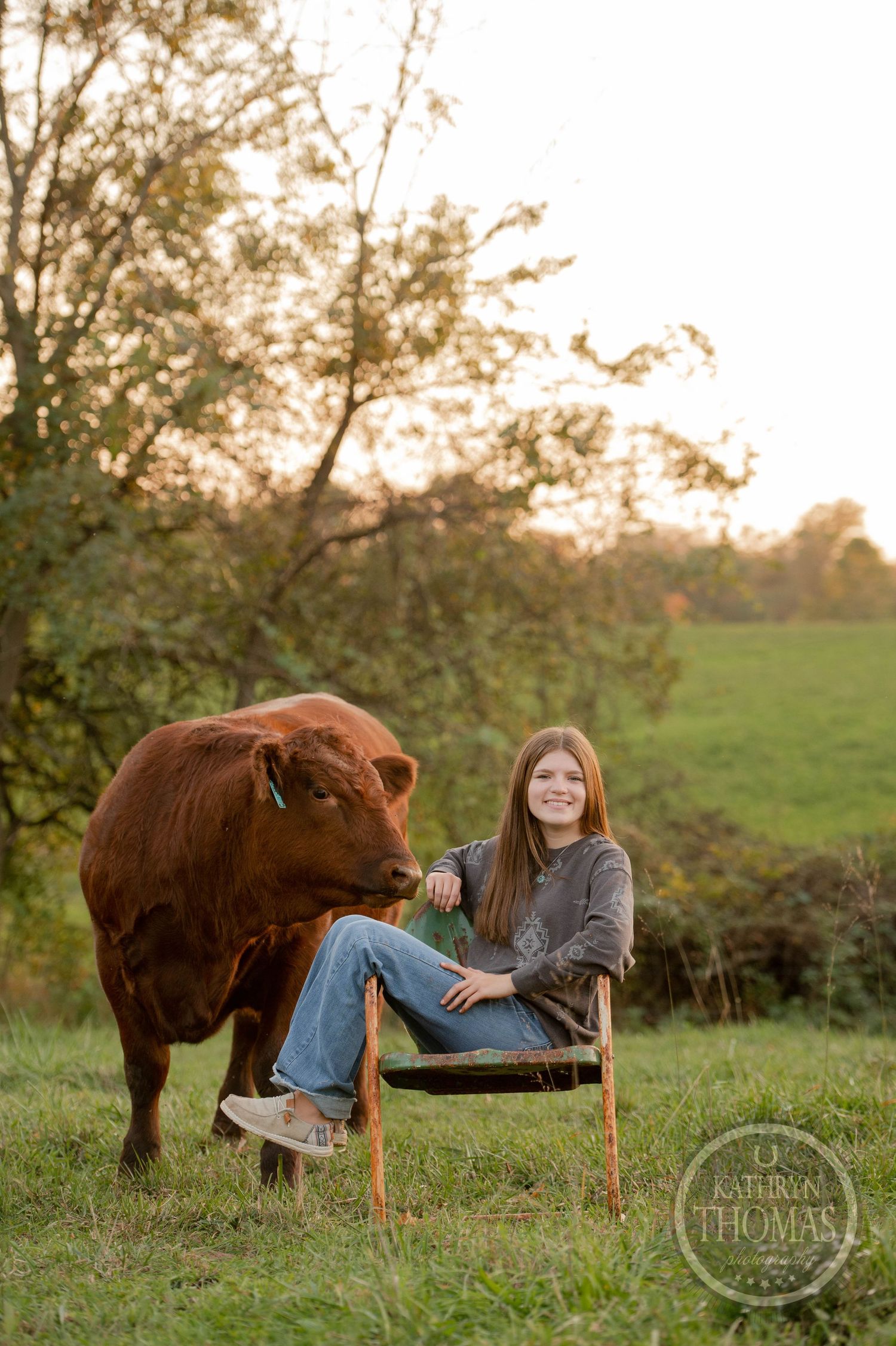 A late afternoon portrait in a field shows someone seated near a large red-brown cow.