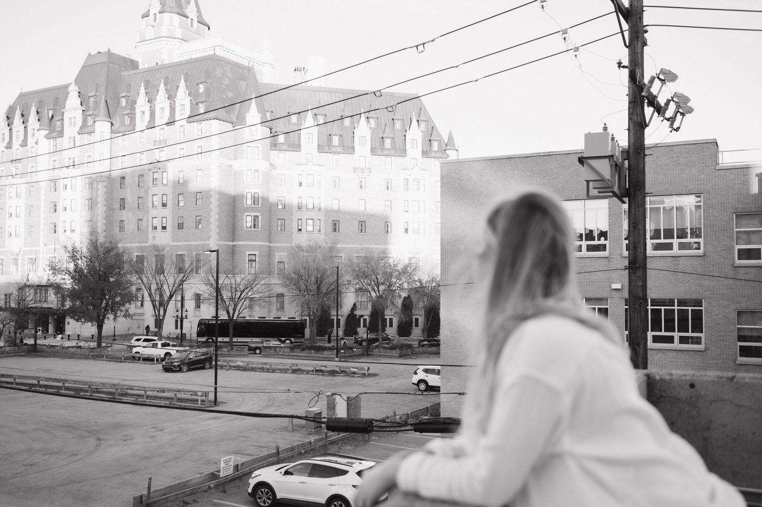 A artistic black and white photo featuring historic architecture and city scenery.