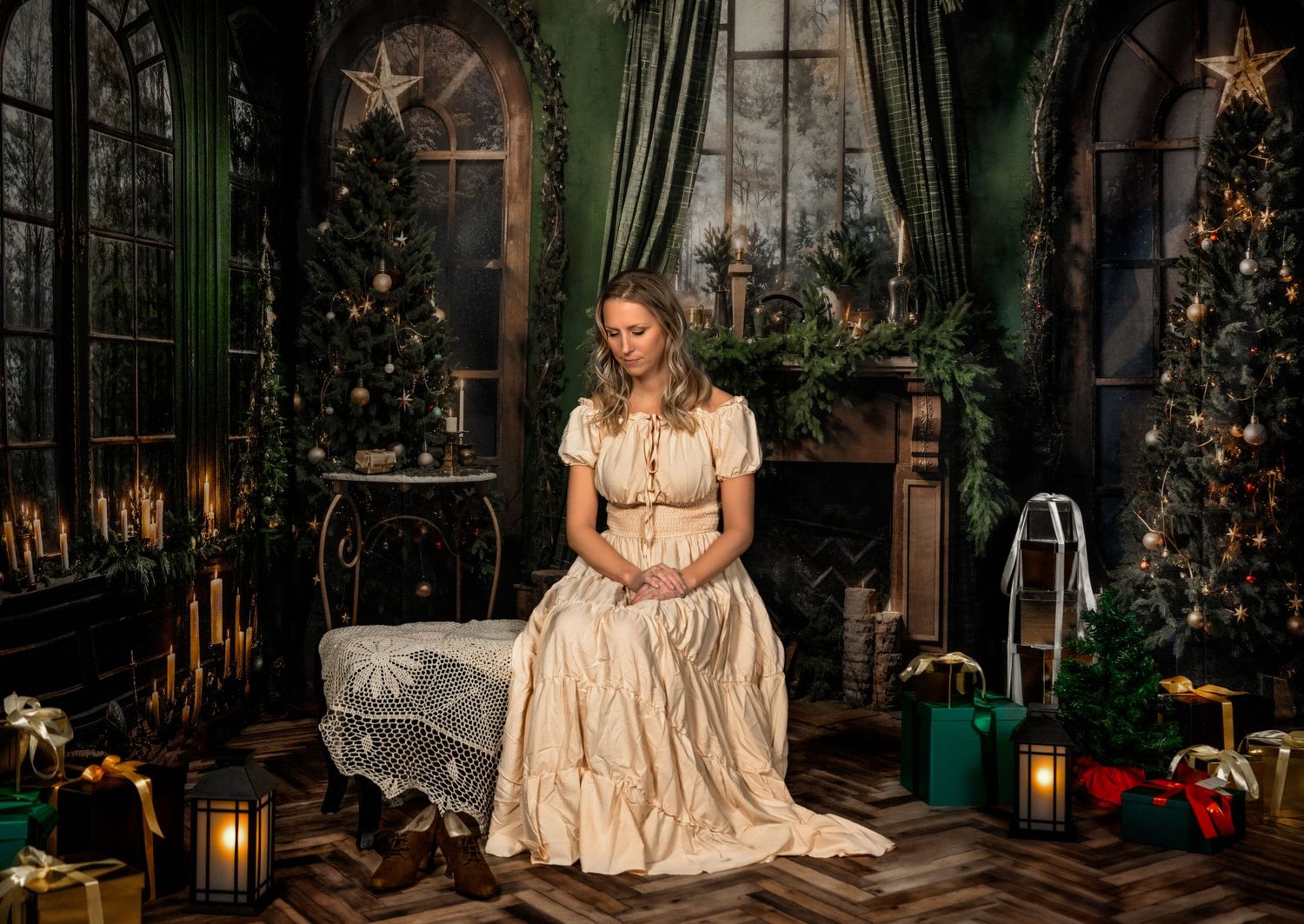A festive holiday scene with decorated Christmas trees, lanterns and vintage furniture.