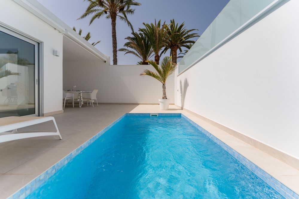 Private pool with crystal-clear blue water surrounded by white walls and palm trees in a sunny Mediterranean villa.