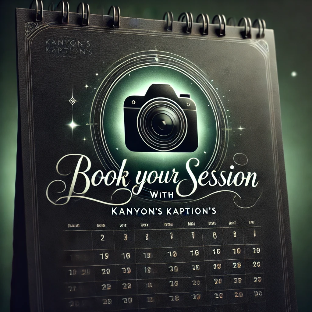 A stylized calendar page shows a camera logo with 'Book your Session' text and sparkle effects in green illumination.