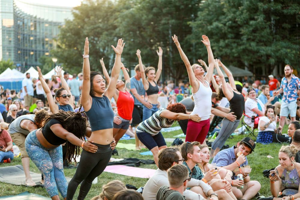 Large crowd of people dancing and jumping with raised arms at an outdoor summer music festival in a grassy park area.