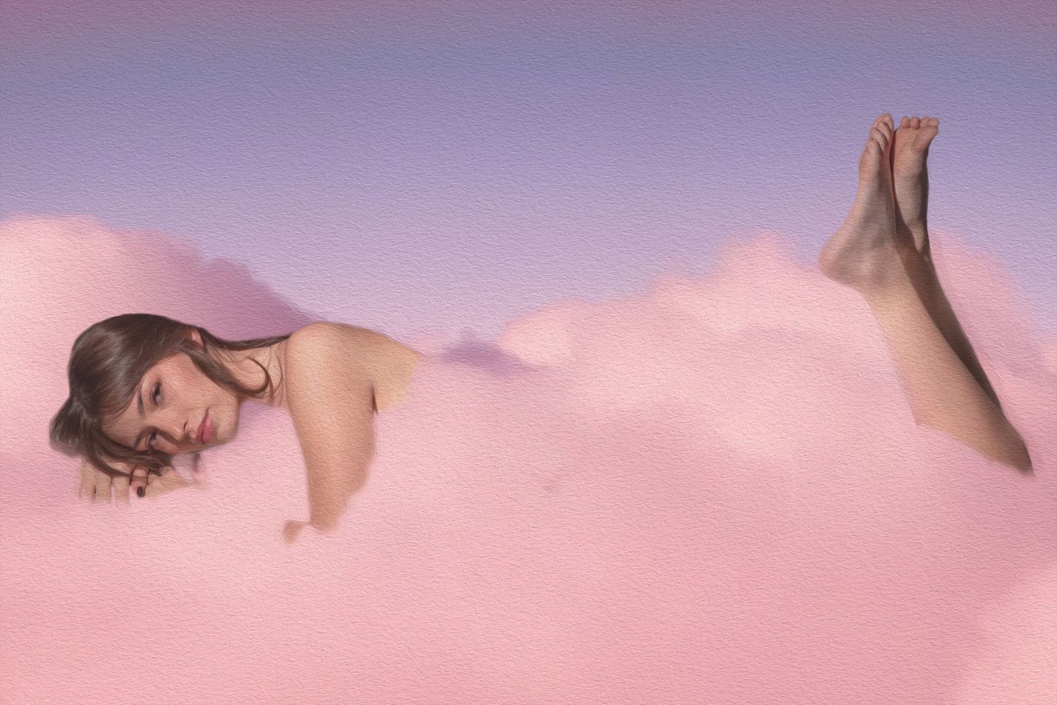 Woman lying peacefully surrounded by pink clouds in a dreamy pastel purple sky scene.