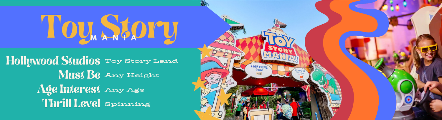 Colorful digital graphic featuring iconic Hollywood Studios theme park attractions in vibrant pink and orange tones.