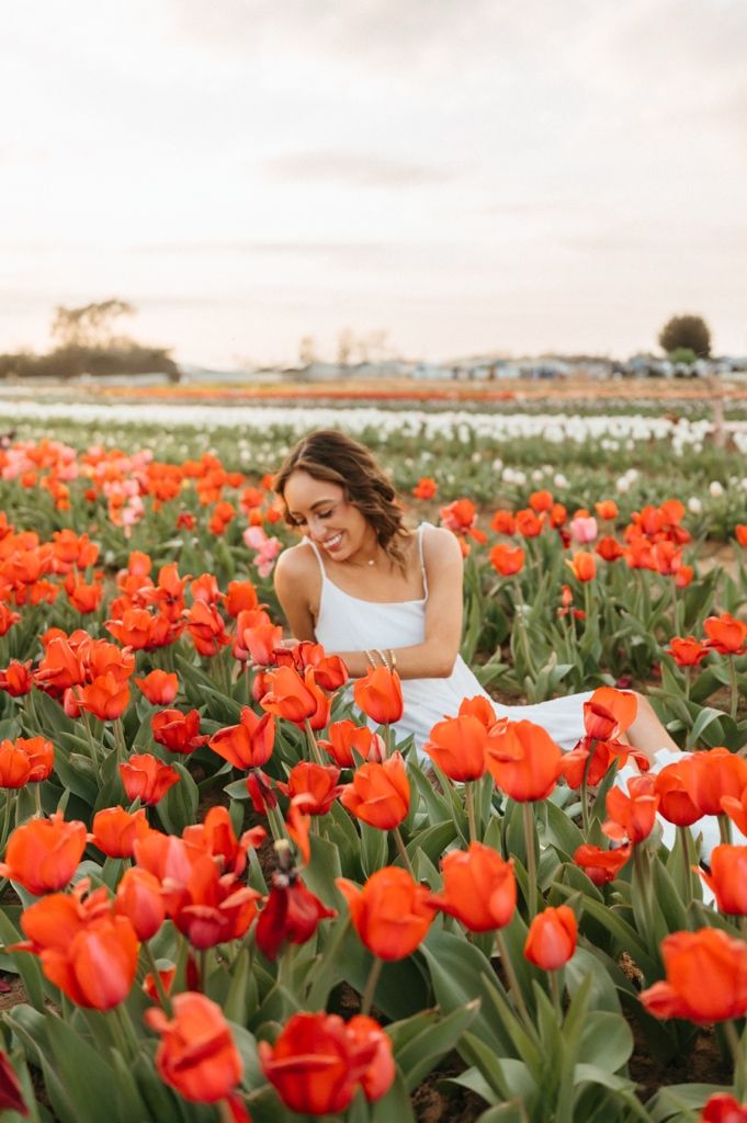 A woman in a white top sits among vibrant red tulip fields on a bright spring day.