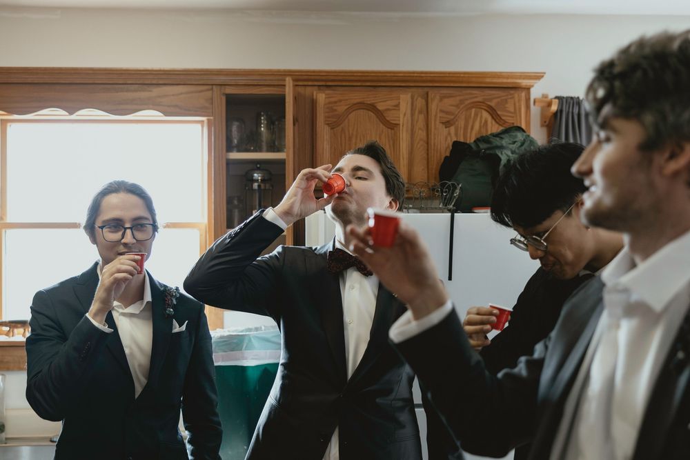 A sequence of candid shots showing people adjusting their ties and preparing formal attire.