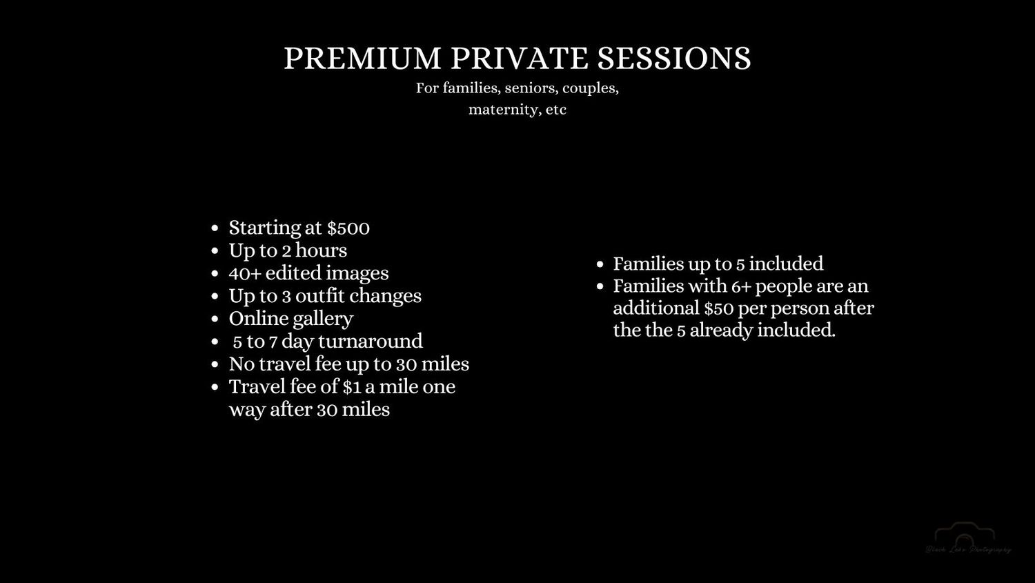 Premium private photography session pricing card showing packages starting at $300 with autumn foliage background and woman portrait.