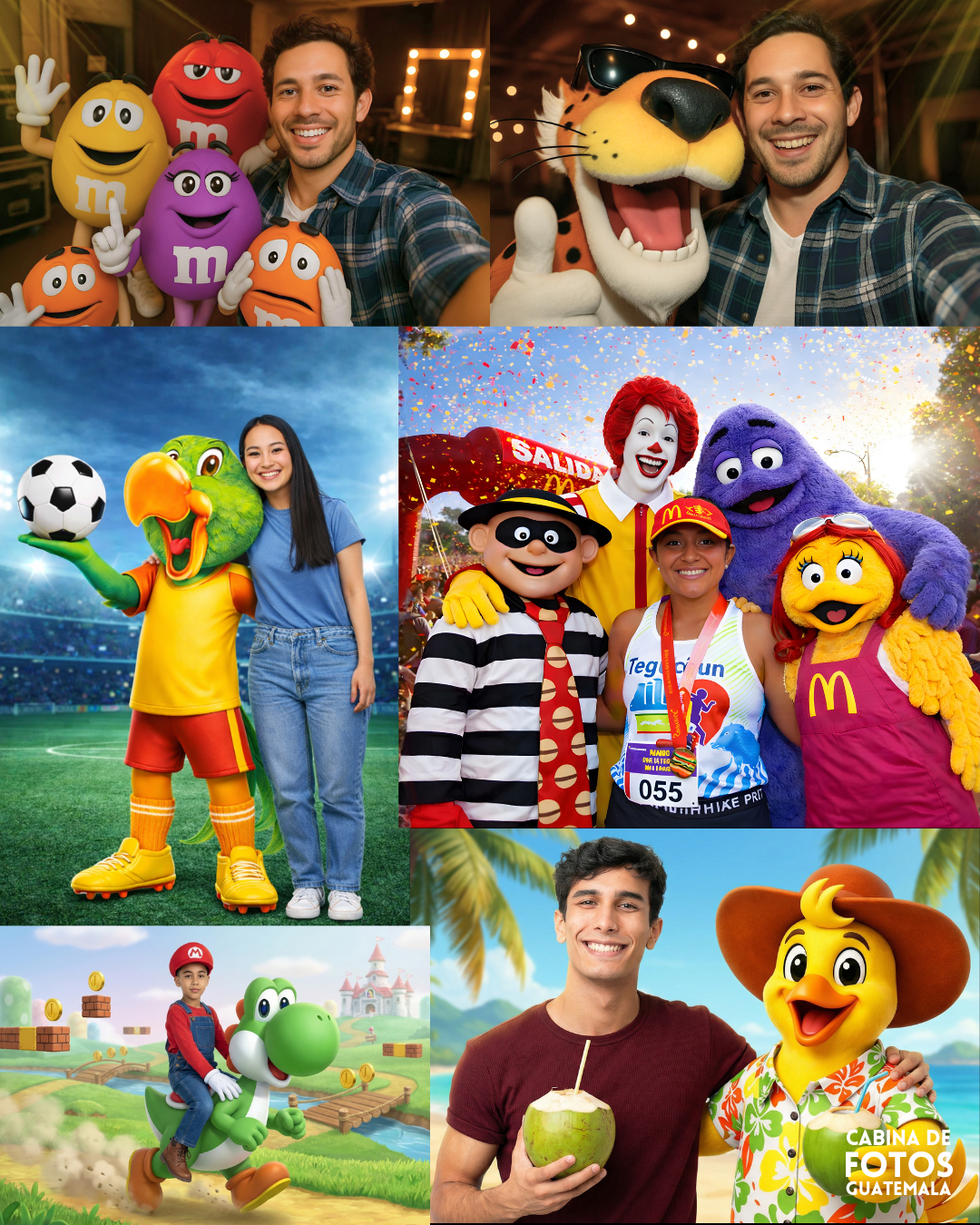 A collage of promotional photos featuring brand mascots including M&Ms characters, Ronald McDonald, and video game characters.