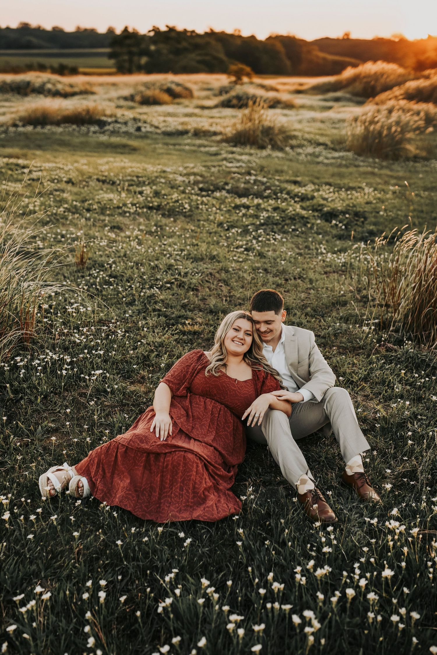 Engagement photos in open field Murrell Park Texas sunset.