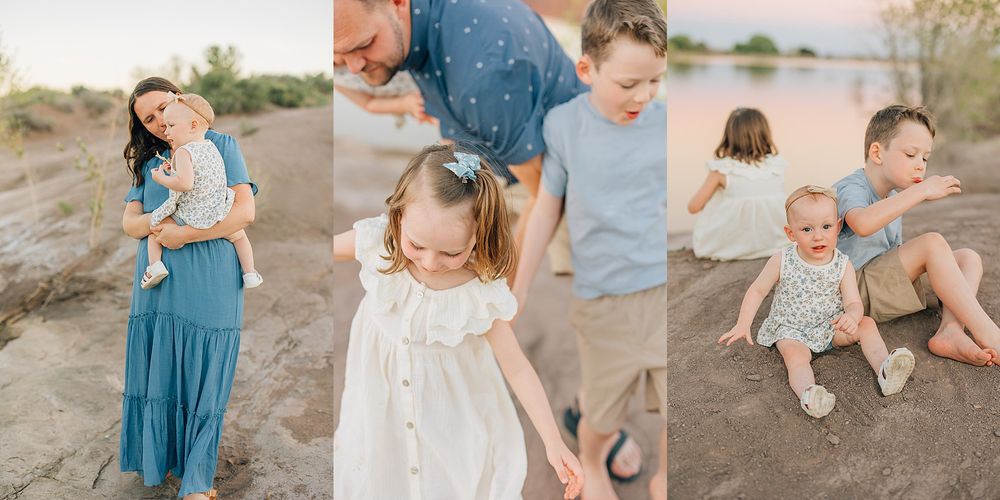 Family portrait session on sandy beach with parents and three children in coordinating blue and white outfits at golden hour.