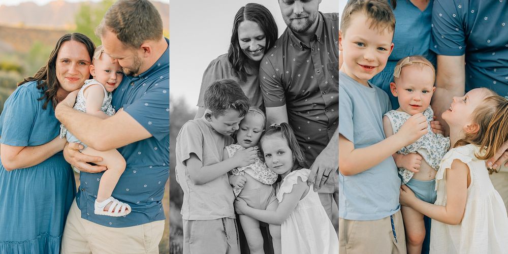 A joyful family of five with parents and three young children sharing hugs and smiles during an outdoor photo session.