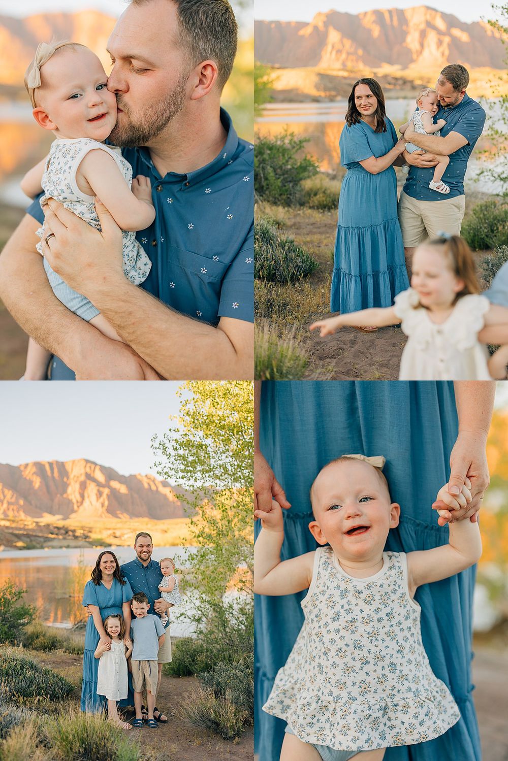 Family portrait session at golden hour featuring parents, toddler girl, and smiling baby in coordinating blue outfits outdoors.