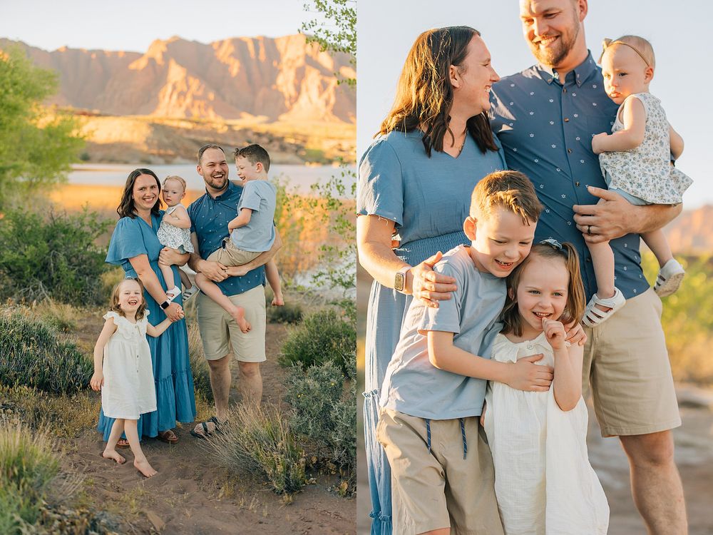 Family of five poses outdoors near red rock mountains at golden hour in coordinating blue and white outfits.