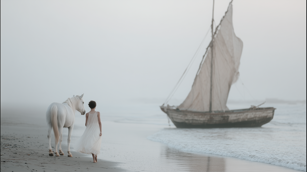 A series of six black and white photographs showing a person walking along a misty beach with a sailboat in the distance.