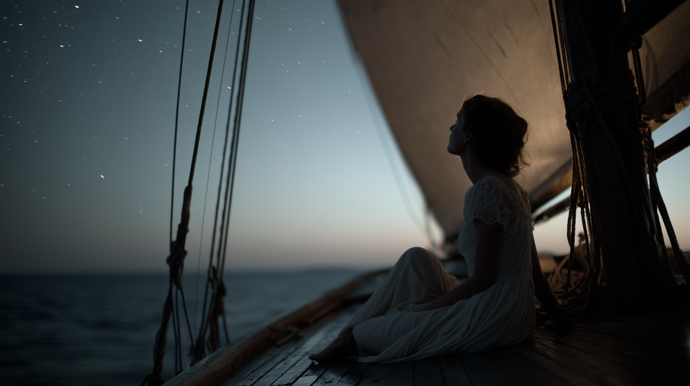 A silhouetted figure stands on a sailing vessel against a moody blue sky and ocean horizon.