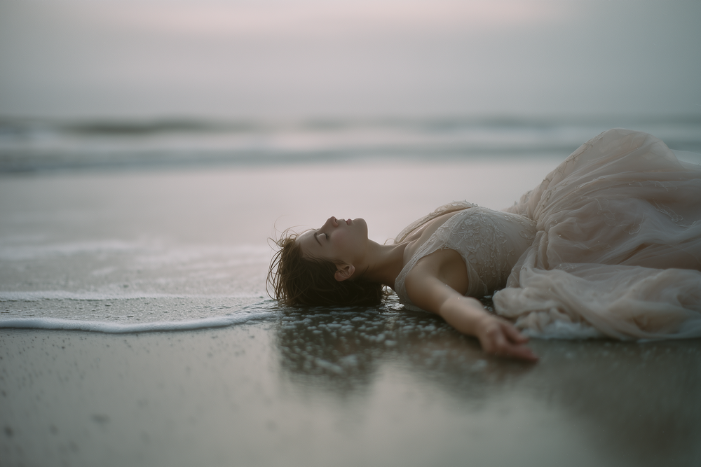 A person in a white dress lies gracefully in shallow ocean waves as water washes over them at sunset.