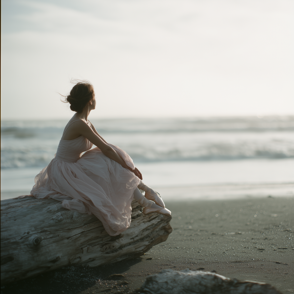 Person in white dress sits contemplatively on rocky beach as waves roll in at sunset.